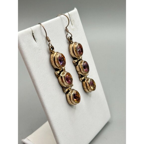 Sterling Silver Dangles Earrings Pierced Dangles Color Changing Glass Stones - Picture 4 of 8